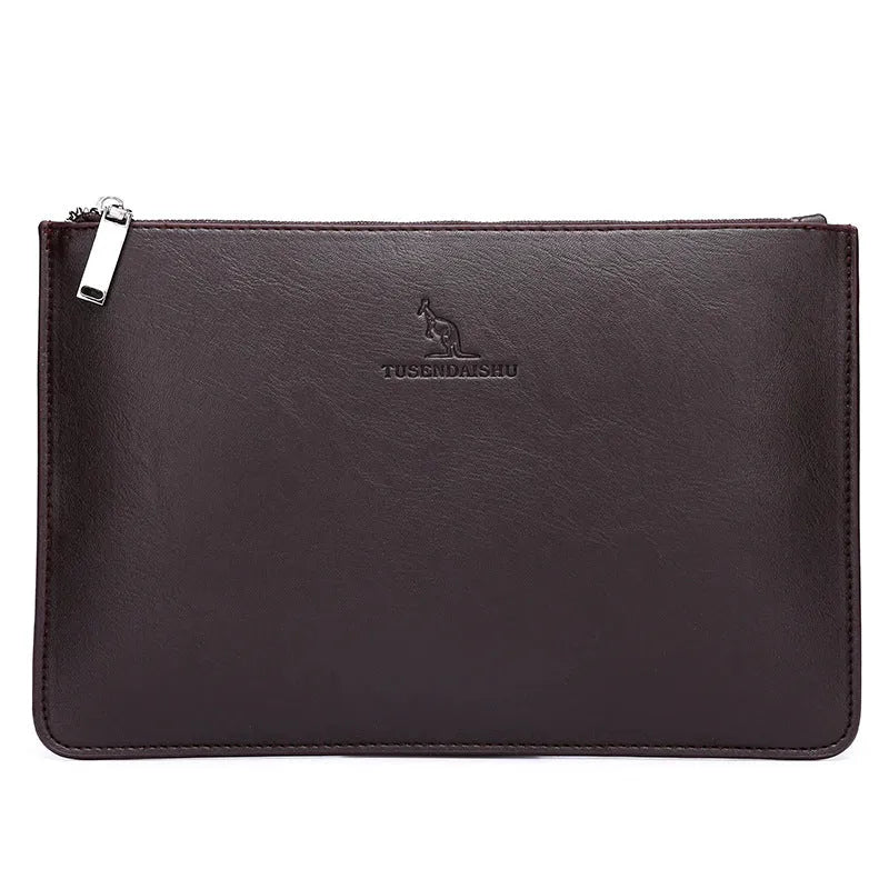 Men's soft PU leather clutch wallet open, showing six card slots, a bill compartment, and a zipper pocket.