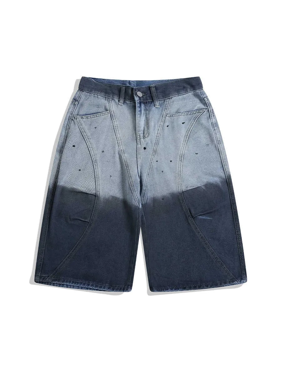 Men's blue tie-dye gradient cropped jeans with loose casual fit and washed-out finish