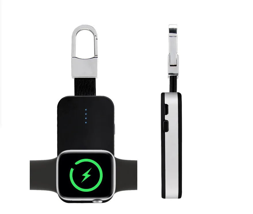Black Apple Watch magnetic wireless charging power bank on a keyring, showing compact rectangular design.