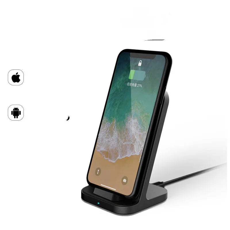 Dark grey vertical wireless charging stand for Apple iPhones on desk
