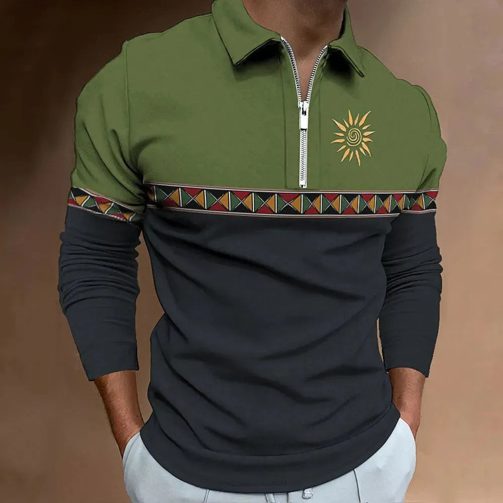 Men's loose fit long sleeve golf t-shirt with retro colour printing and zip decoration