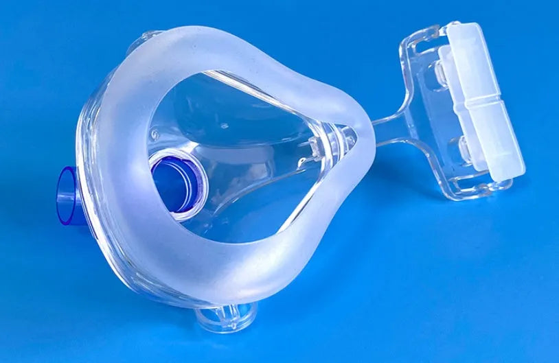 Transparent silicone CPAP breathing mask with headgear and adapter elbows