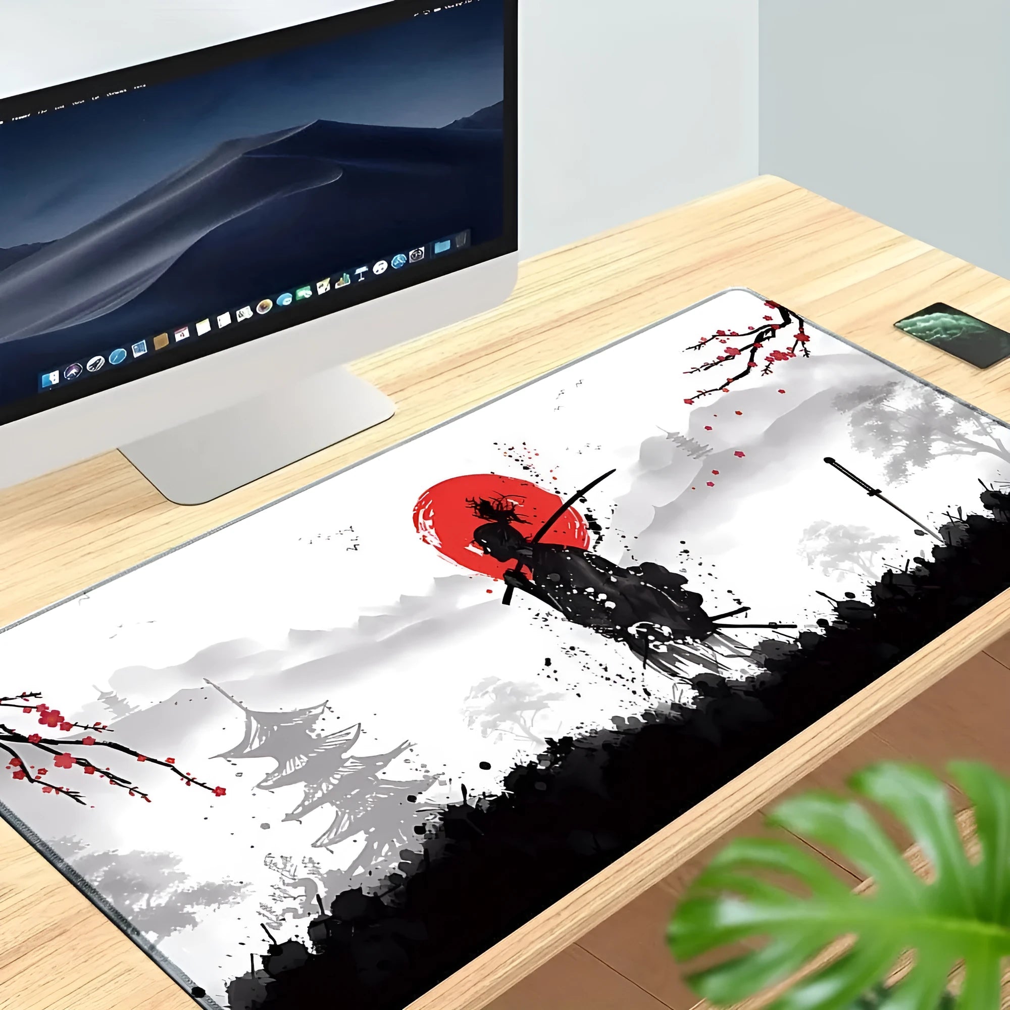 Japanese samurai design cloth gaming mouse pad showing non-slip base and thermal transfer pattern