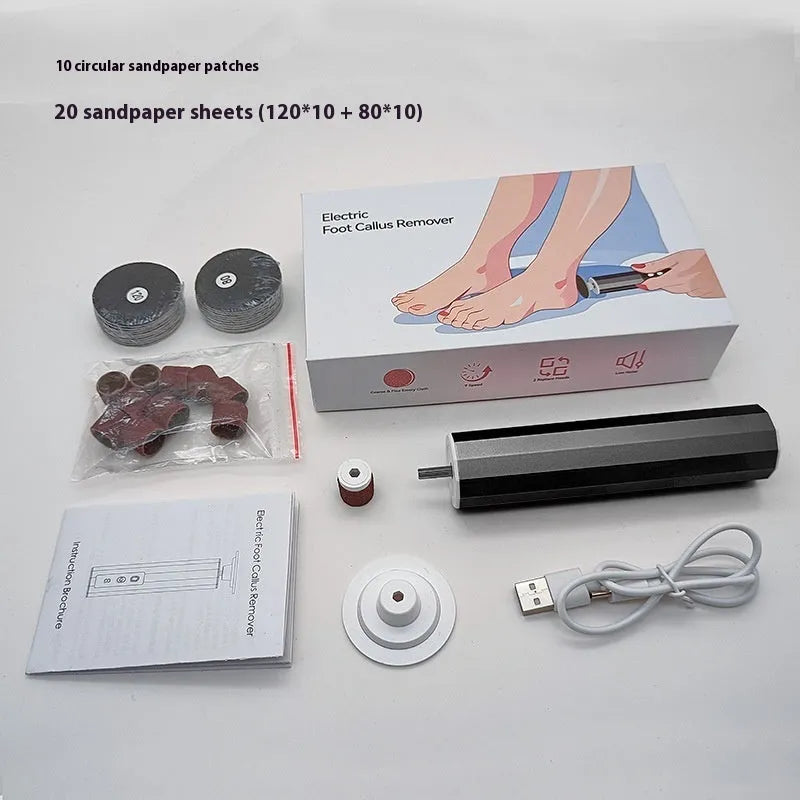 Electric callus remover and nail trimmer with sandpaper pads in pink, black or purple with USB charger