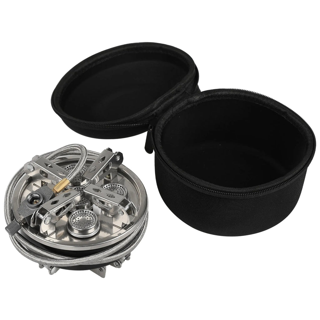 Silver stainless steel foldable split camping stove with copper fittings and extended hose