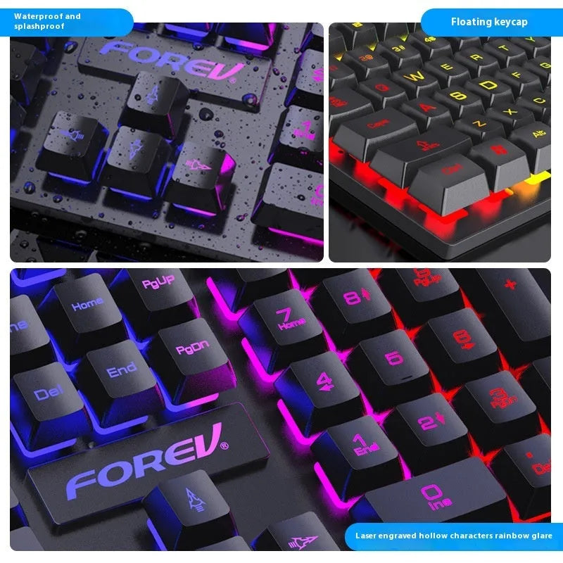 Black backlit gaming keyboard and mouse combo on desk with 104 keys