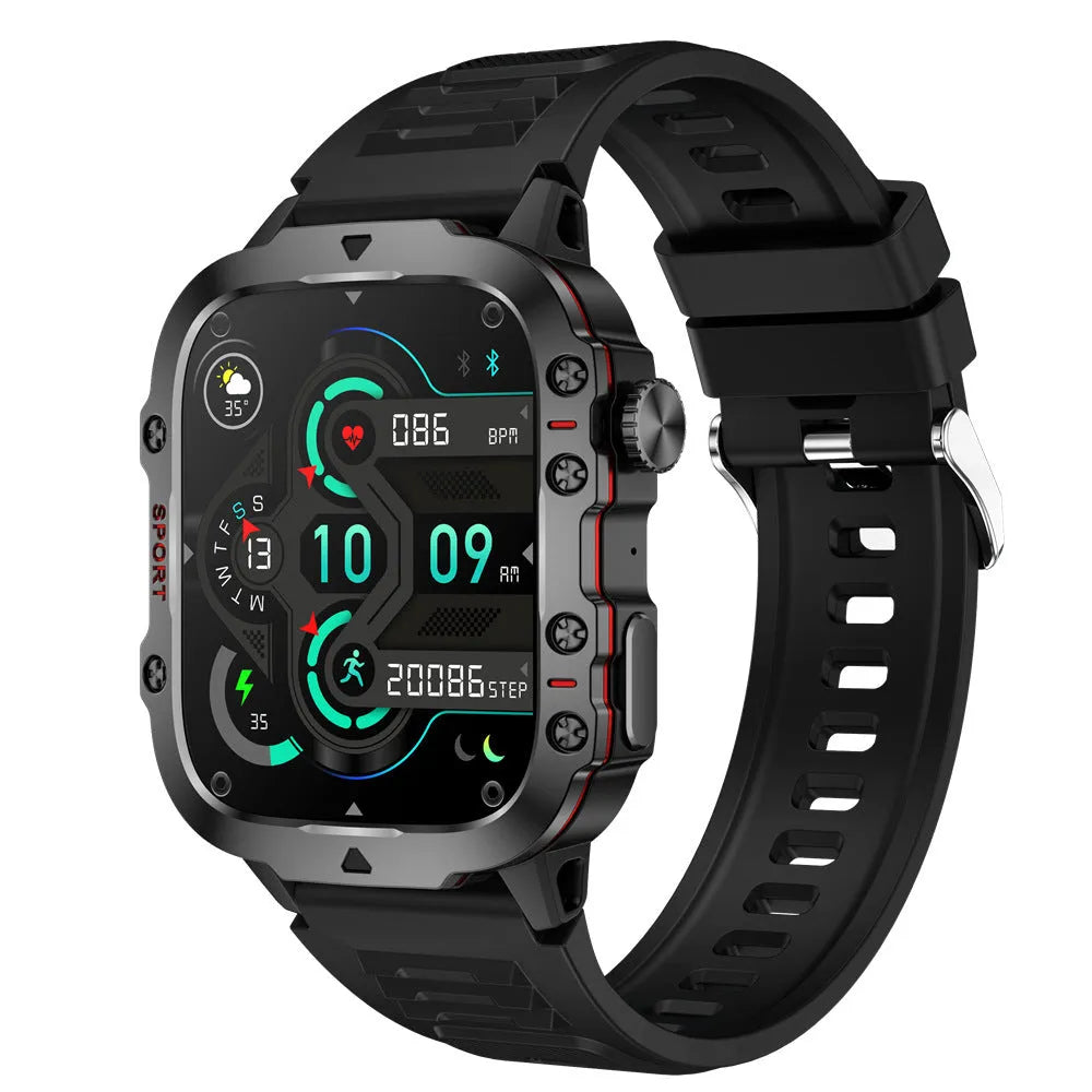 QX11 smartwatch with 50mm touch screen showing heart rate and step count display on wrist.