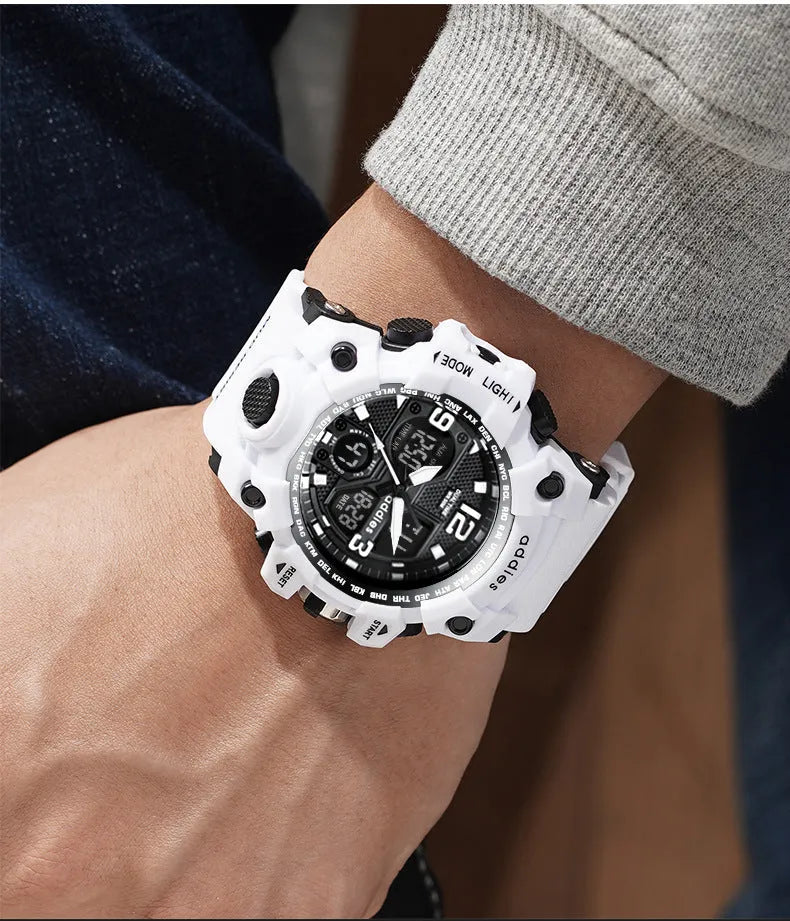 Men's white and red dual display sports watch with analogue hands and digital readout