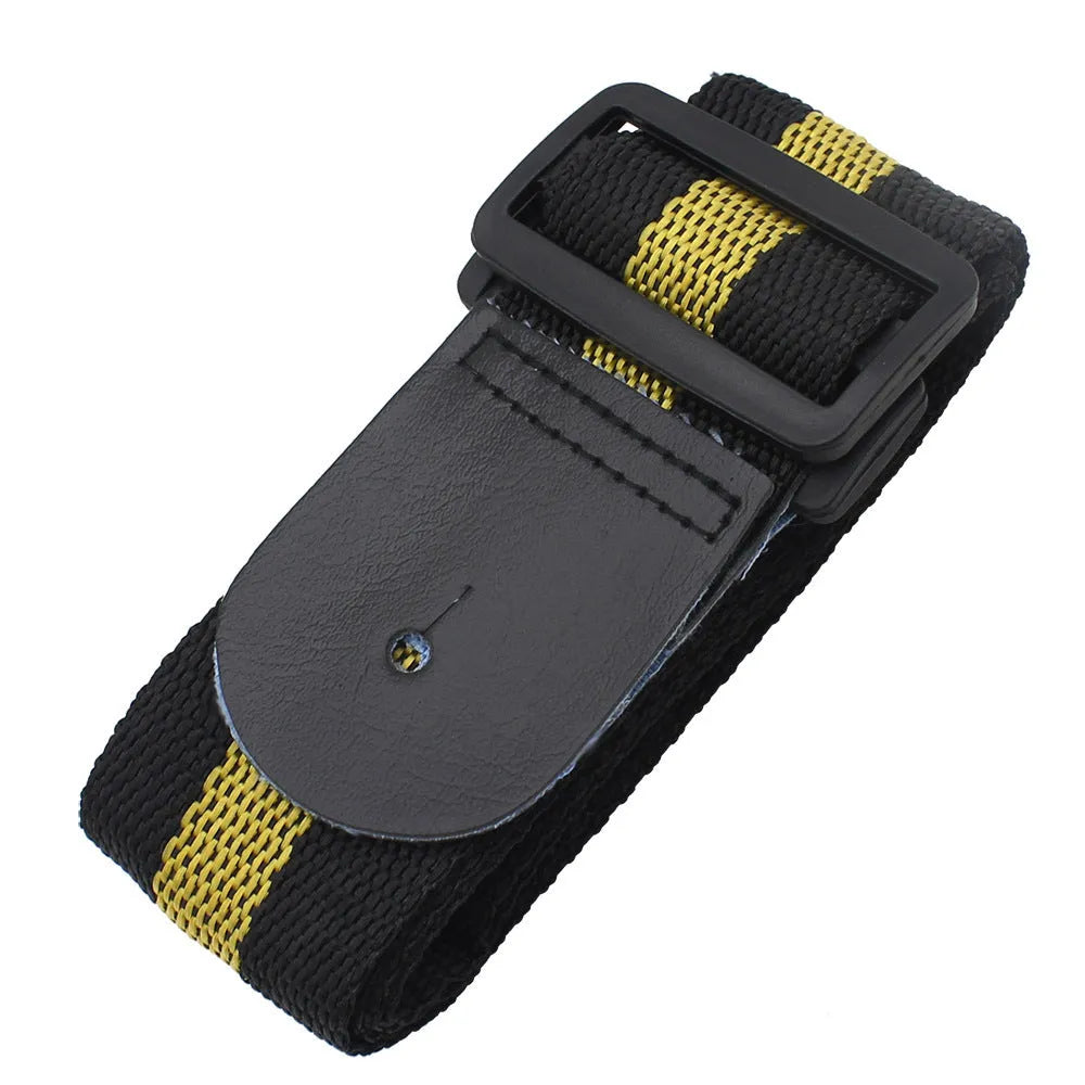Woven crossbody guitar strap shown in one of five colours: Army Green, Dark Blue, Red, White, or Yellow.