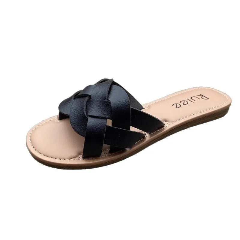 Women's flat slippers suede PU upper rubber sole casual open toe summer black