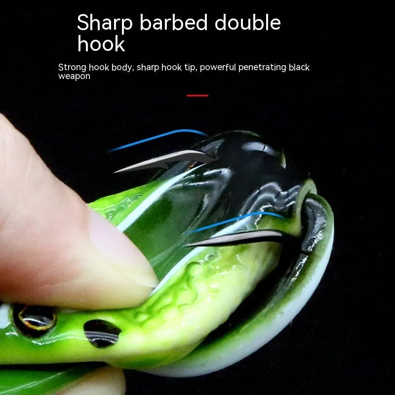 Bionic Real Thunder Frog Snake Head fishing lure with double hooks in grass green colour variant