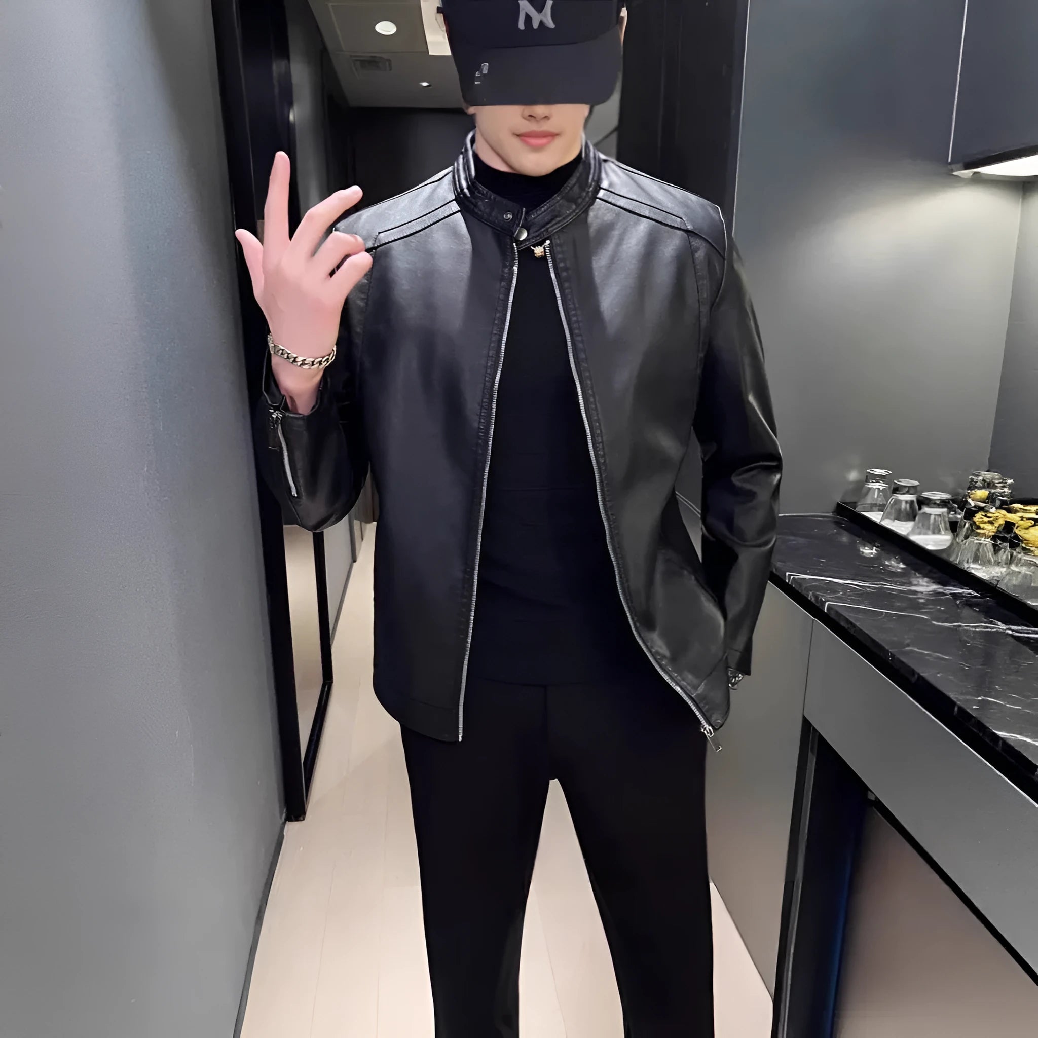 Men's slim artificial leather jacket with stand collar, black, sizes M to 5XL