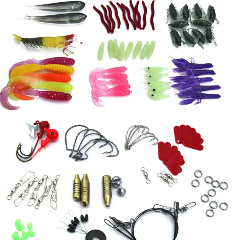 132-piece rose red fishing lure set in open case showing soft baits and hooks.