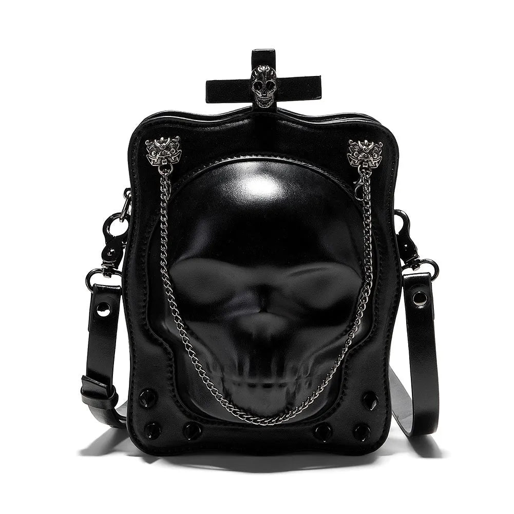 Black mini square crossbody bag with Halloween skull embossed design and chain accents