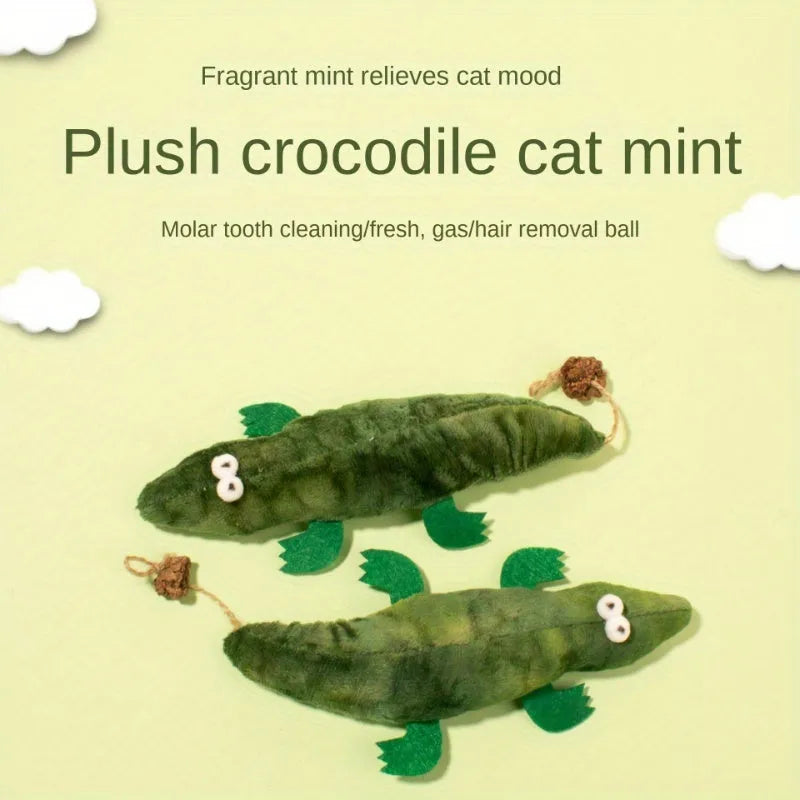 Green plush alligator cat toy with catnip and peppermint scent, shown at 30 cm scale.