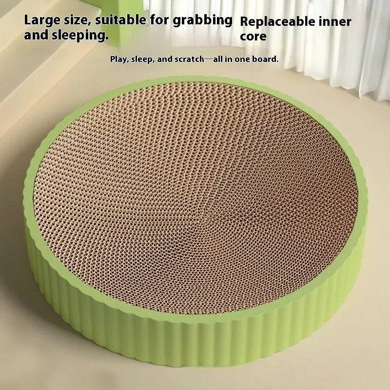 Green round cat scratching board and bed with replaceable corrugated cardboard centre, 55cm diameter