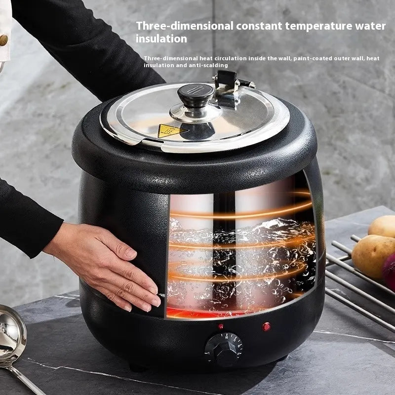 Black stainless steel insulated electric soup pot with steel lid and adapter plug, 10 litre capacity