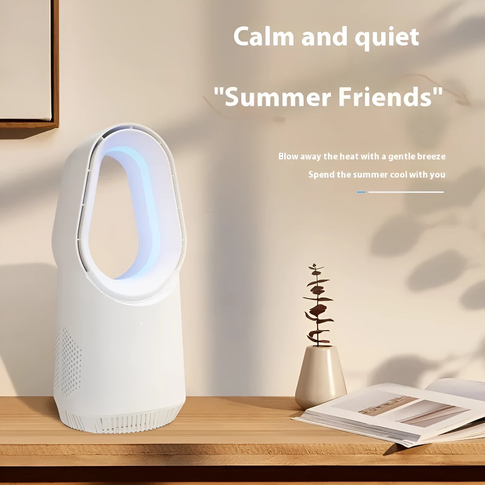 SK white bladeless tower fan with remote control on floor next to desk