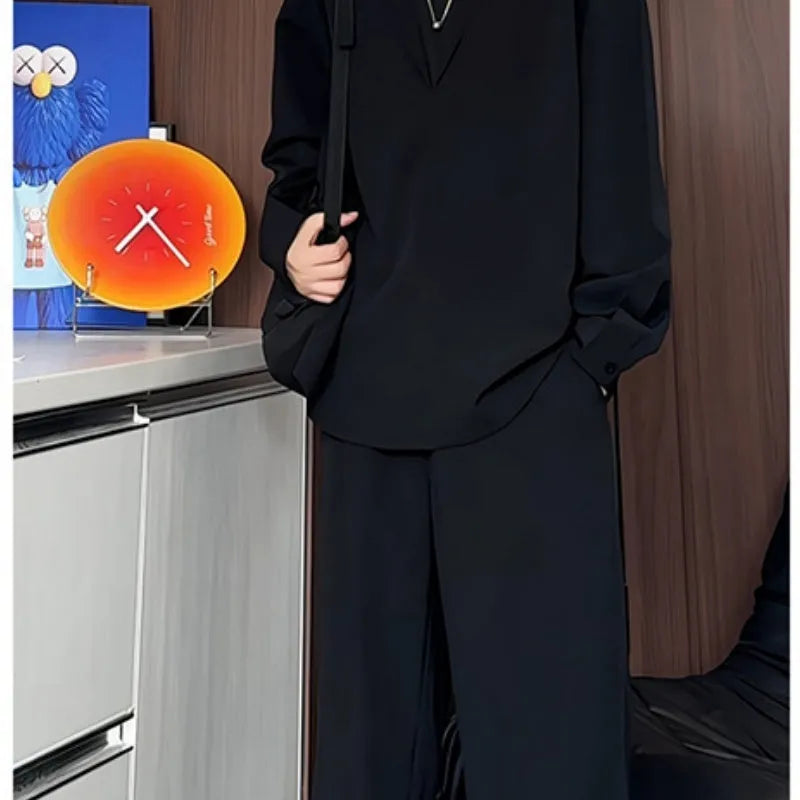 Men's black slim fit long sleeve polo shirt and trousers two-piece casual suit set