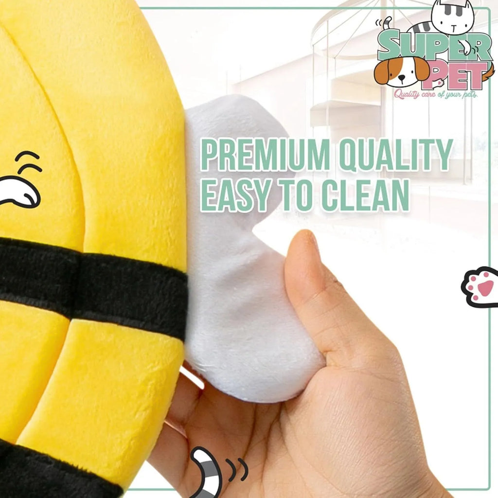 Soft fabric cat cone collar with bee design showing adjustable velcro closure