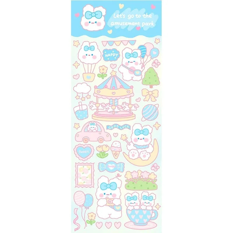 A sheet of colourful cartoon-design PVC waterproof stickers for decorating notebooks and planners.