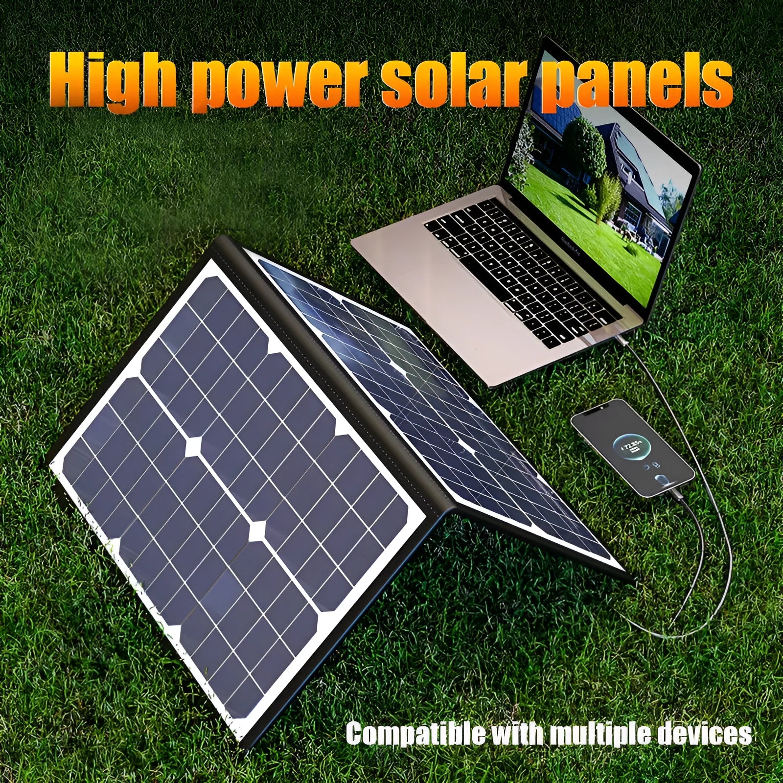 Black 40W portable solar folding panel showing folded dimensions of 425x285x8mm with single crystal cells