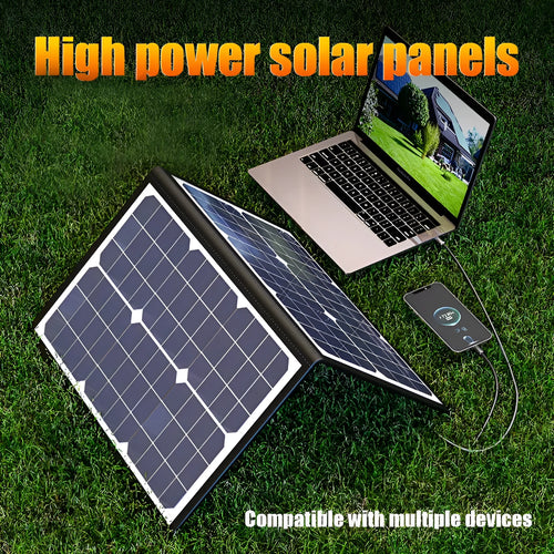 Black 40W portable solar folding panel showing folded dimensions of 425x285x8mm with single crystal cells