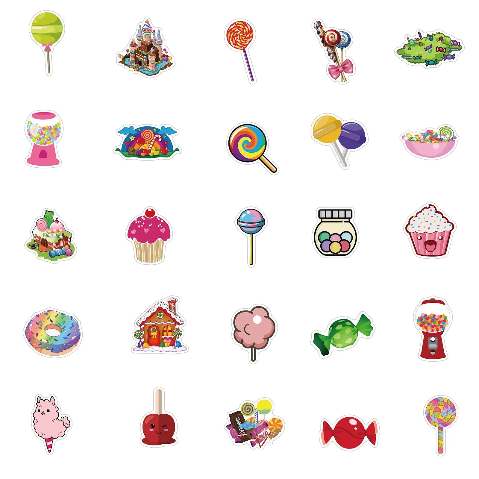 Pack of 50 colourful candy-themed graffiti and cartoon adhesive stickers, each measuring 4-6cm.