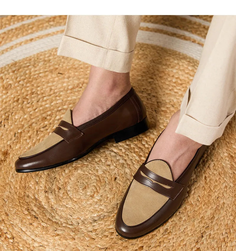Coffee grey suede Belgium loafers for men with a slip-on design and rubber sole.