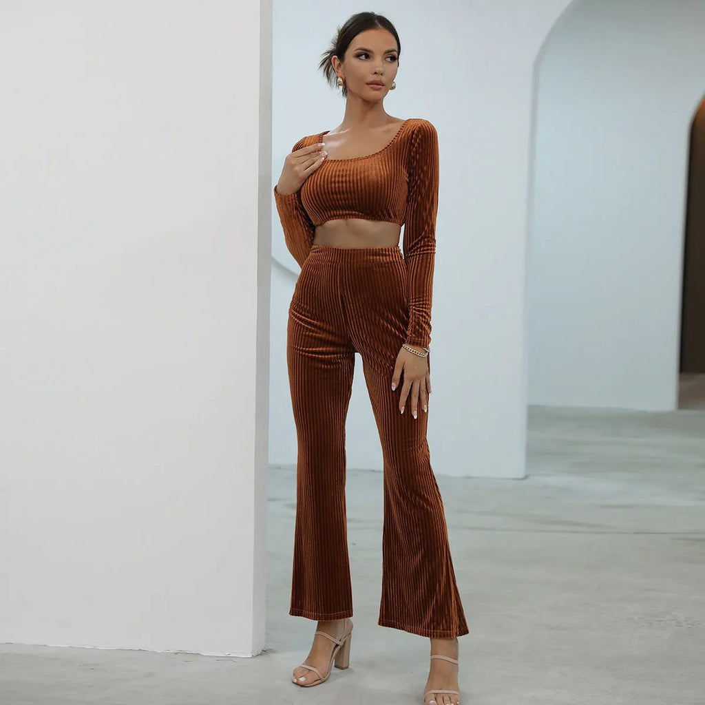 Caramel coloured long sleeve knit sweater and matching trousers casual set