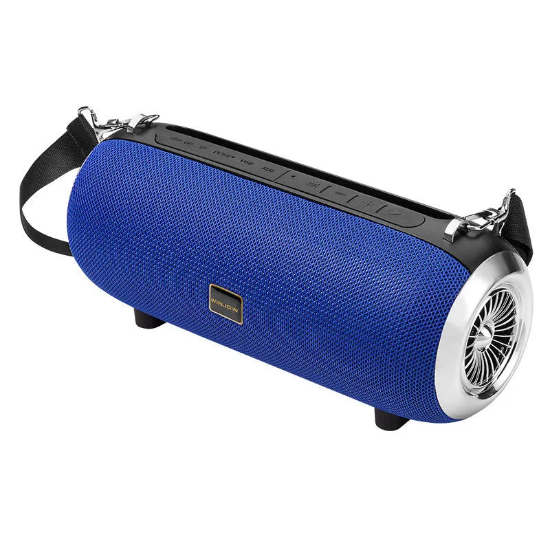 F666 mini portable Bluetooth speaker in fabric finish with shoulder strap, shown in black, blue, camouflage, or red.