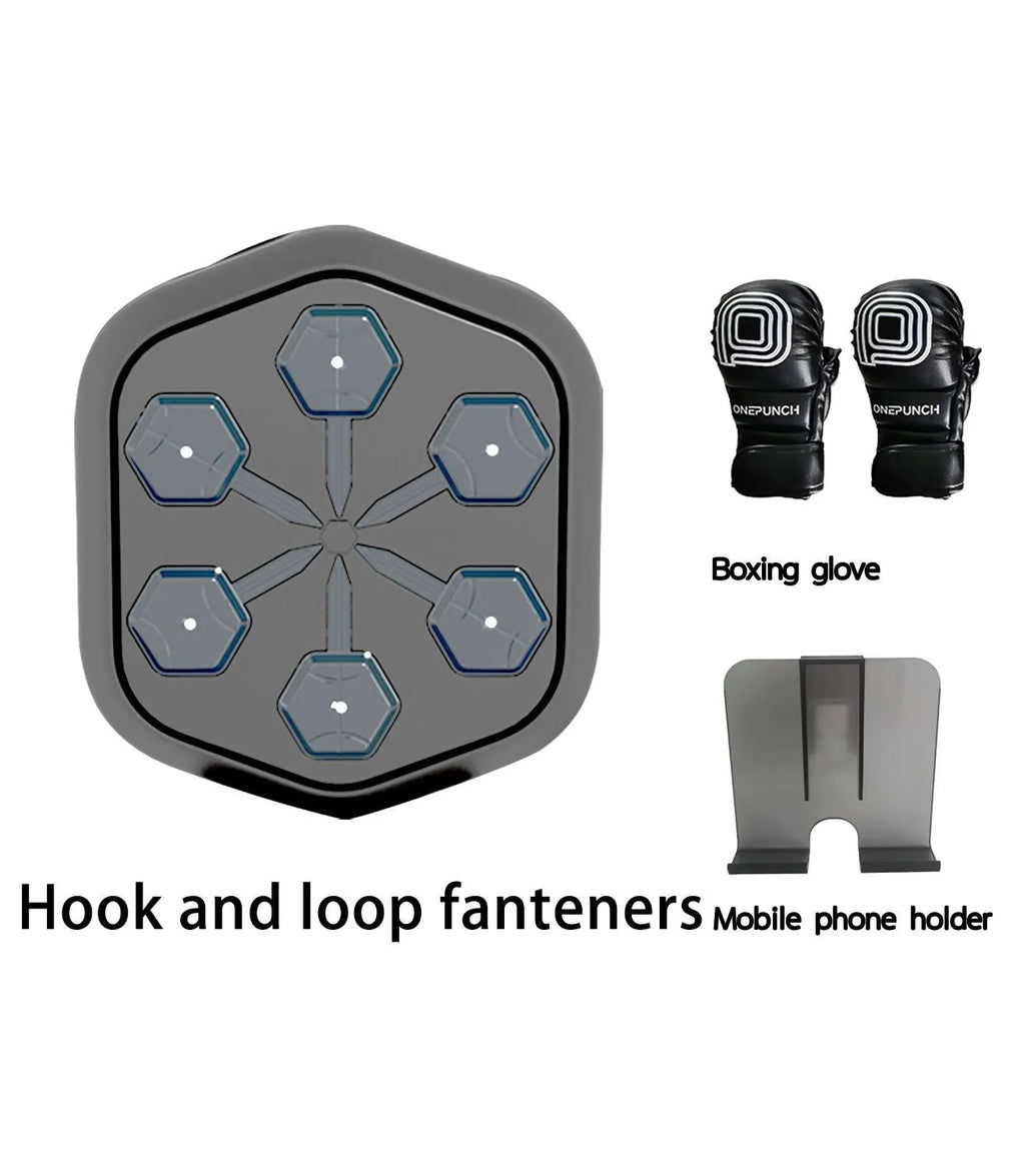 Black smart boxing machine with Bluetooth connection and velcro targets, includes boxing gloves