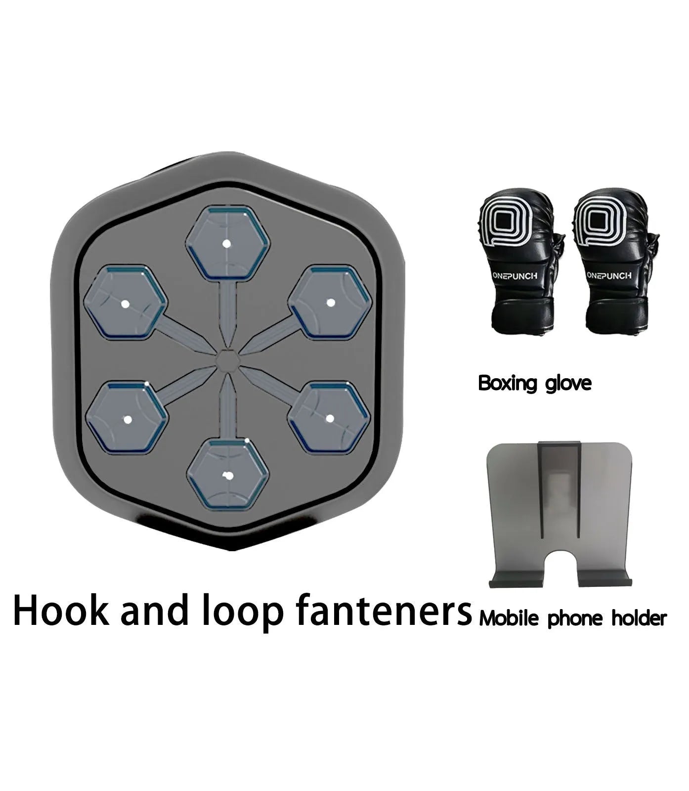 Black smart boxing machine with Bluetooth connection and velcro targets, includes boxing gloves