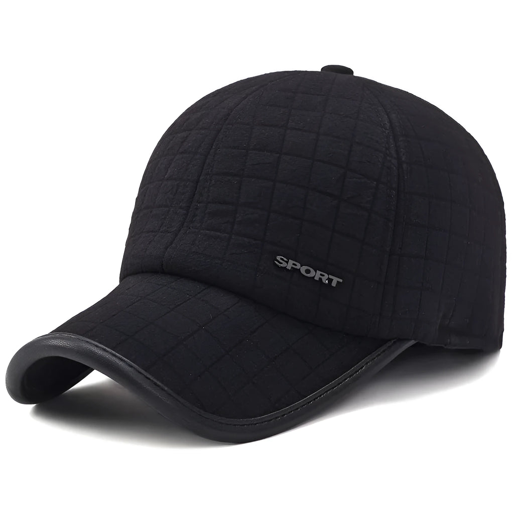 Men's black winter thickened cotton baseball cap with ear protection, adjustable 56-60 cm circumference