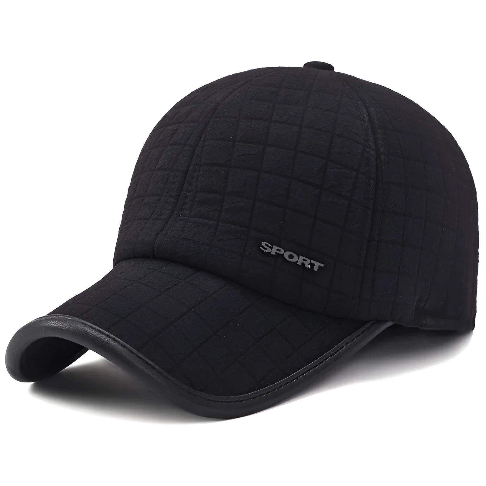 Men's black winter thickened cotton baseball cap with ear protection, adjustable 56-60 cm circumference