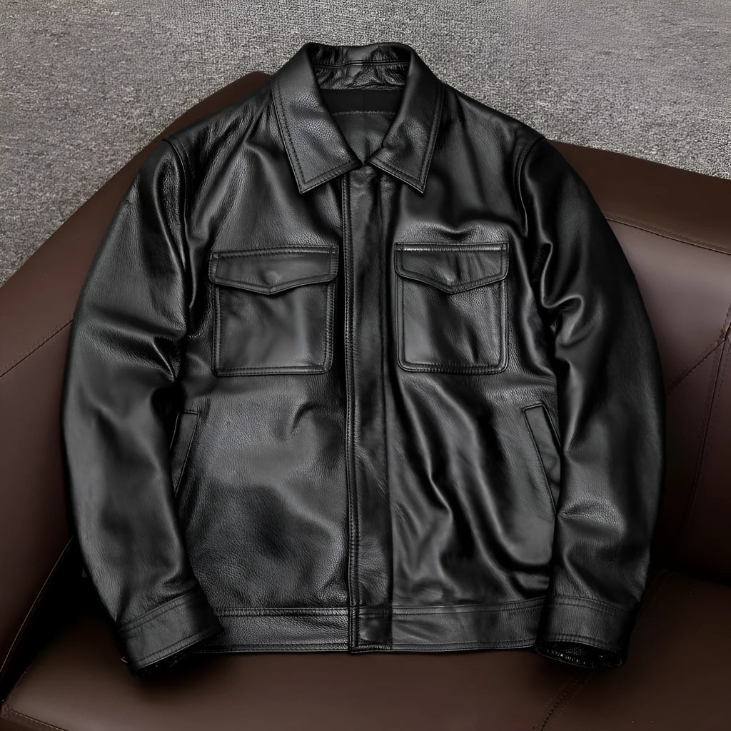 Men's black loose-fit PU leather jacket with lapel collar and side pockets for plus-size frames.