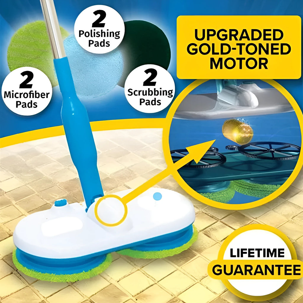 Handheld wireless electric floor cleaning mop with USB charging port and assorted cleaning pads.