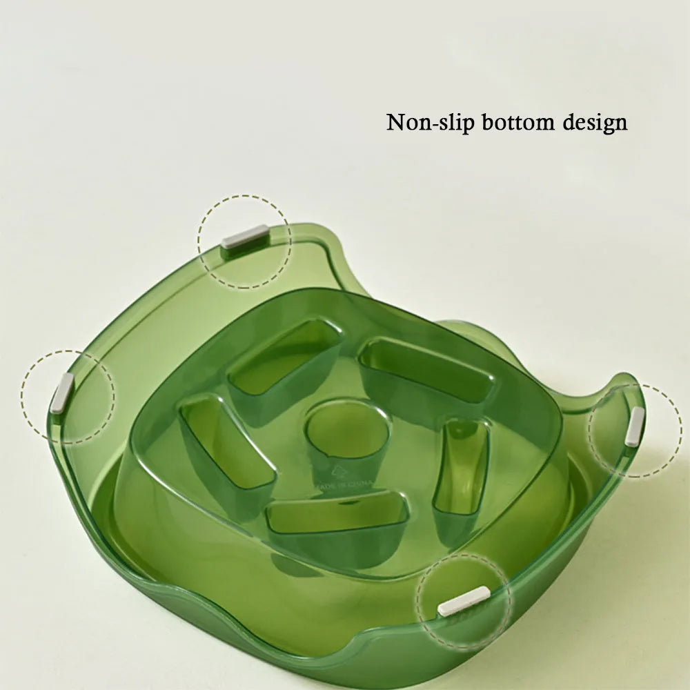 Blue plastic dog slow feeder bowl with raised internal maze pattern for anti-choking feeding