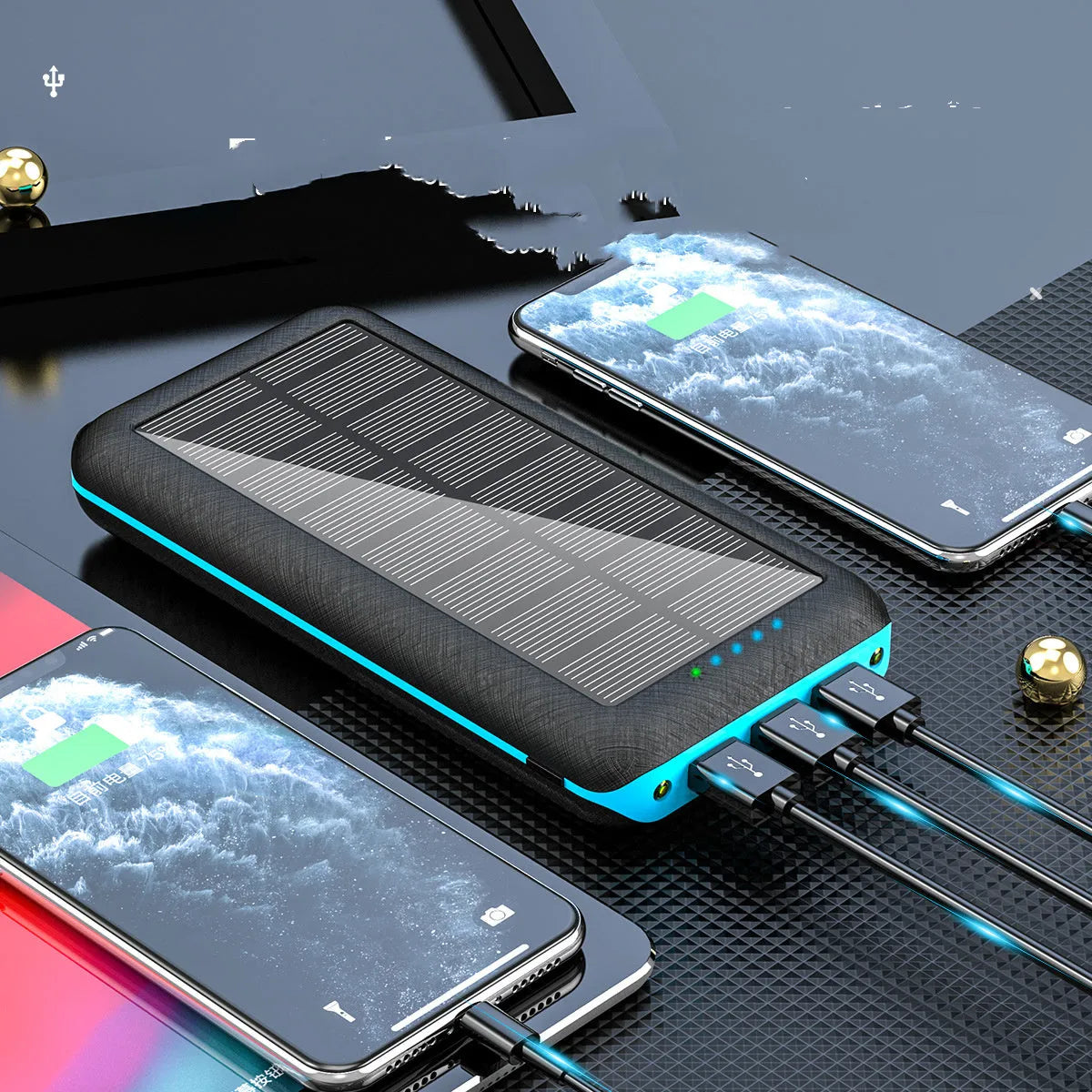 Black portable solar power bank with wireless charging pad and three USB ports on a wooden surface.