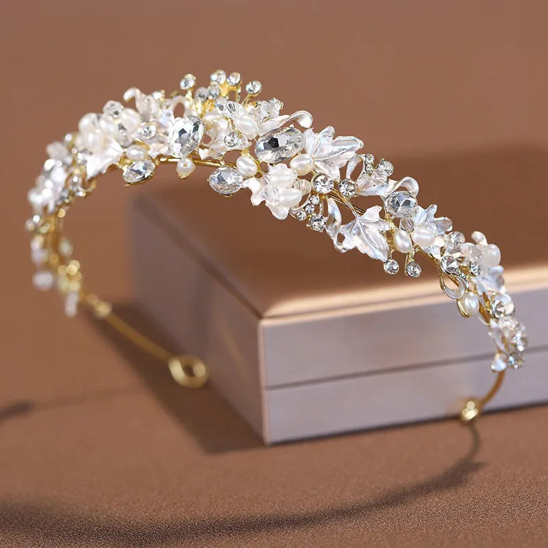 Gold or silver alloy pearl crown headdress hair accessory for women