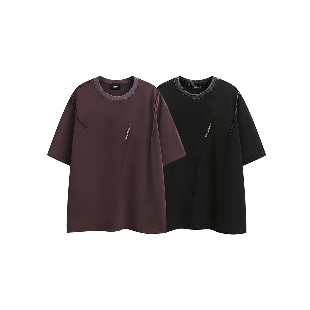 Purple loose-fit short-sleeved T-shirt with retro embroidery on the chest.