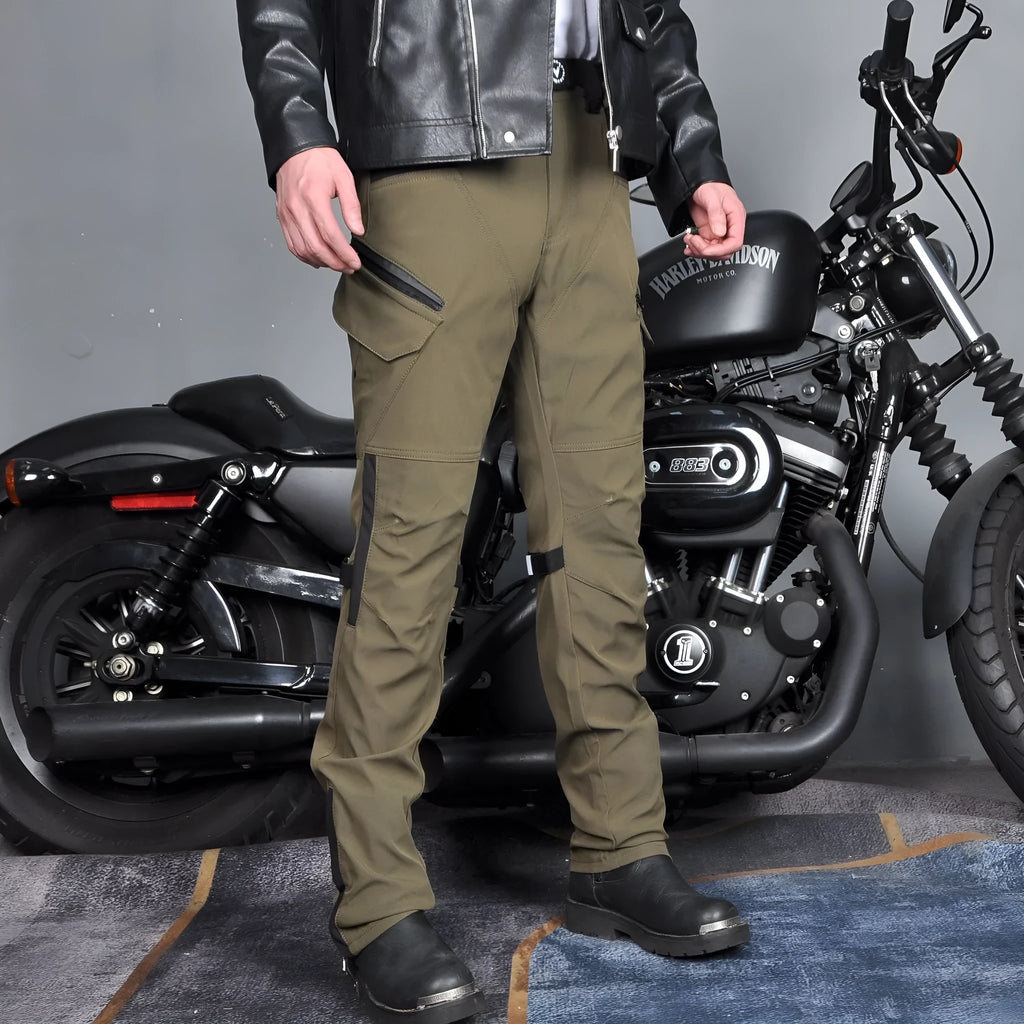Men's waterproof motorcycle trousers in green and black colours with belt and protective gear