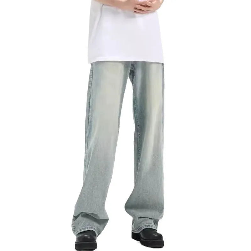 Blue loose-fit retro casual trousers with an elasticated waistband on a mannequin.