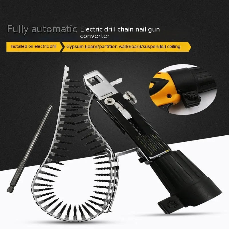 Electric screwdriver chain screw gun head attachment with automatic nail gun mechanism