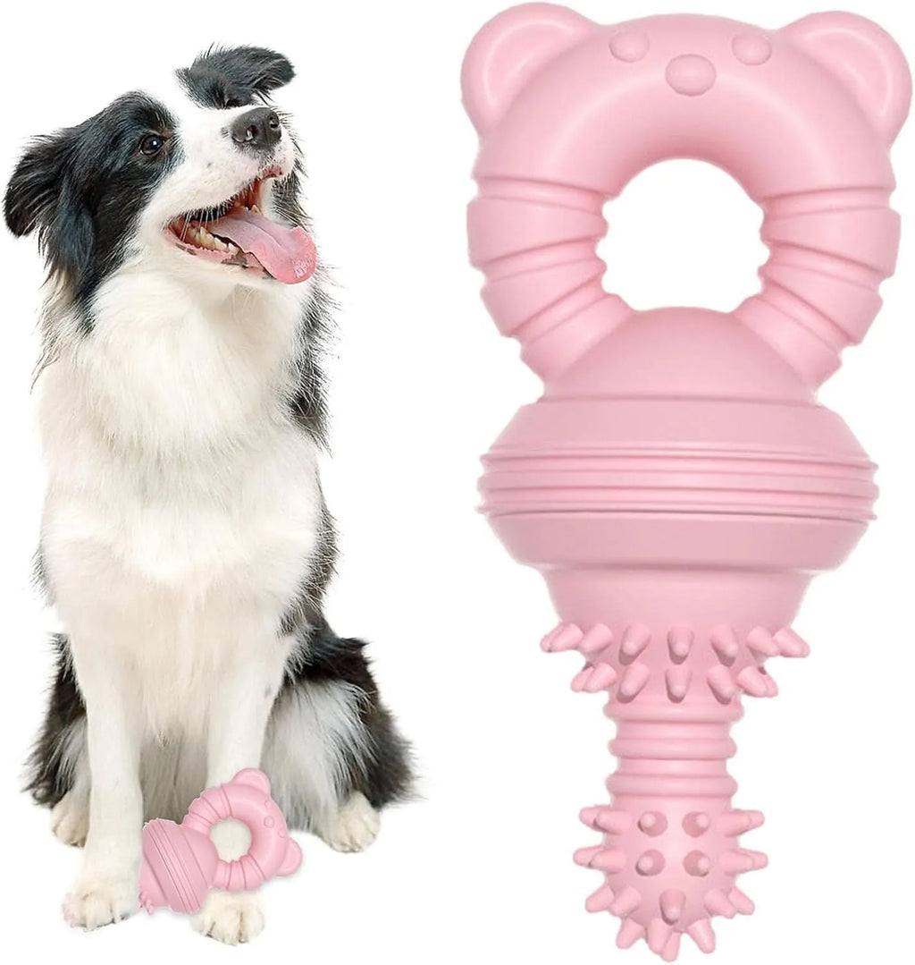Blue rubber dog chew toy with textured surface and bell inside for teeth cleaning and play