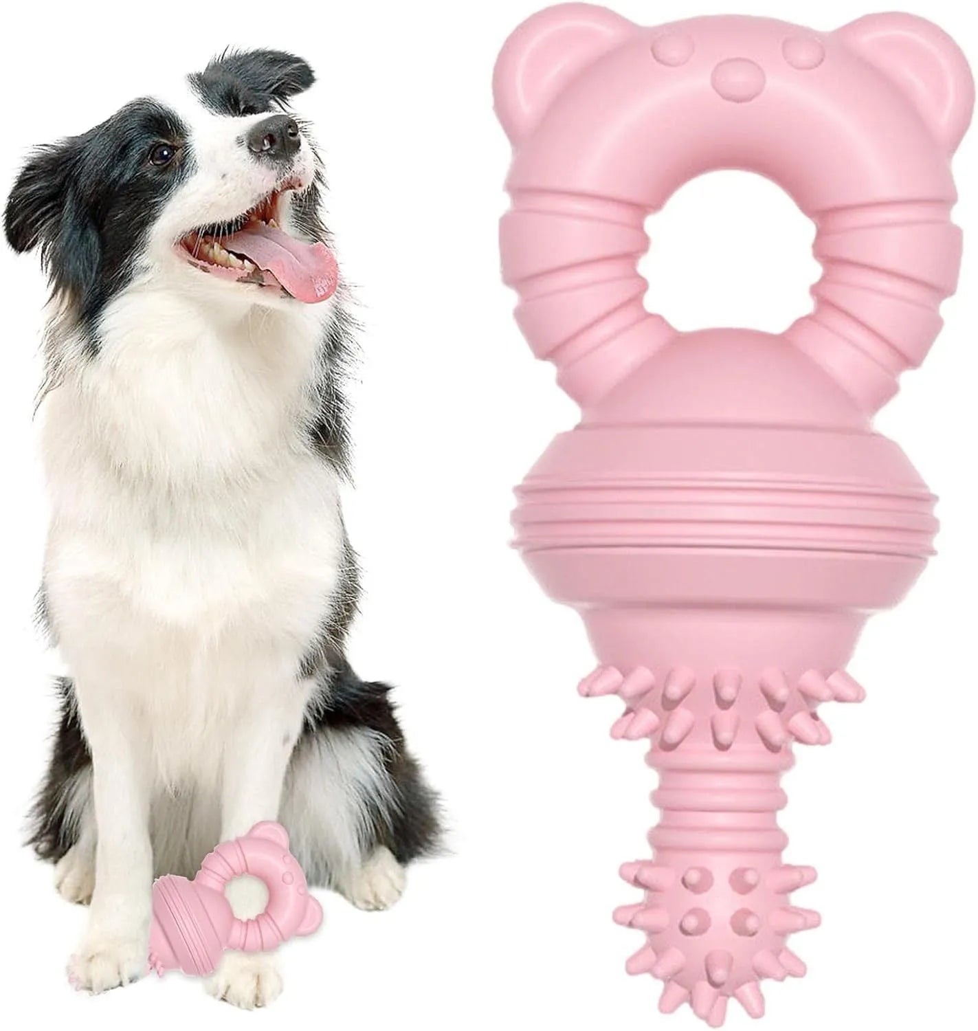 Blue rubber dog chew toy with textured surface and bell inside for teeth cleaning and play