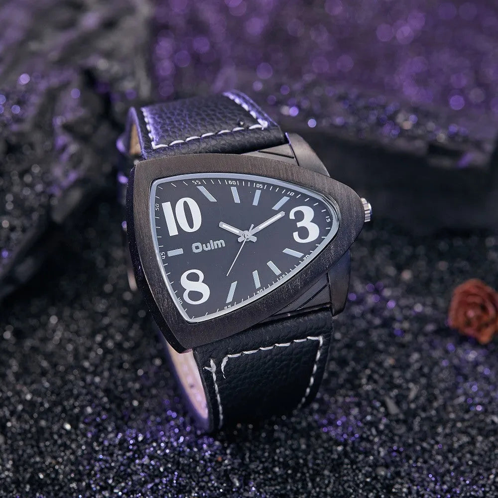 Men's casual triangle belt quartz watch showing 9mm thickness case
