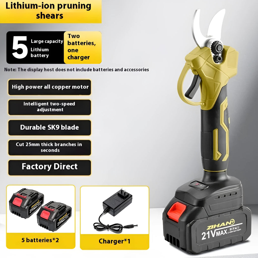 Wireless electric pruning knife with brushless motor, two lithium batteries, and five-section plastic storage case