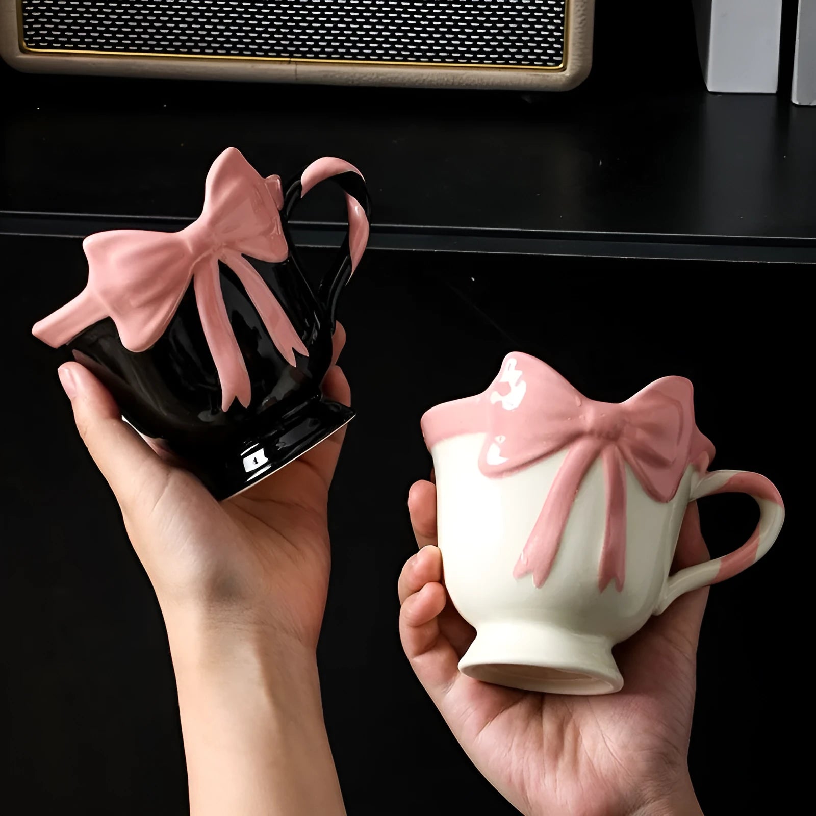 Ceramic heart bow mug with 350ml capacity in black pink colour option