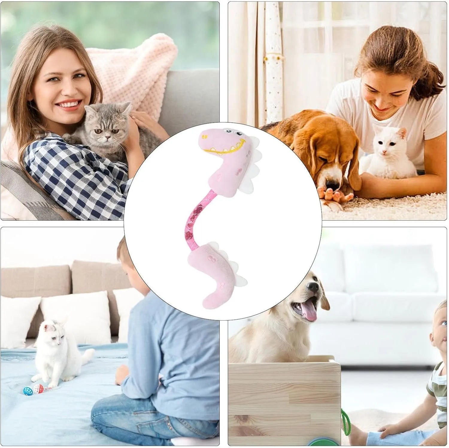 Four plush cat toys including catnip chew toy, squeaky mouse, textured fish, and bunny for indoor play